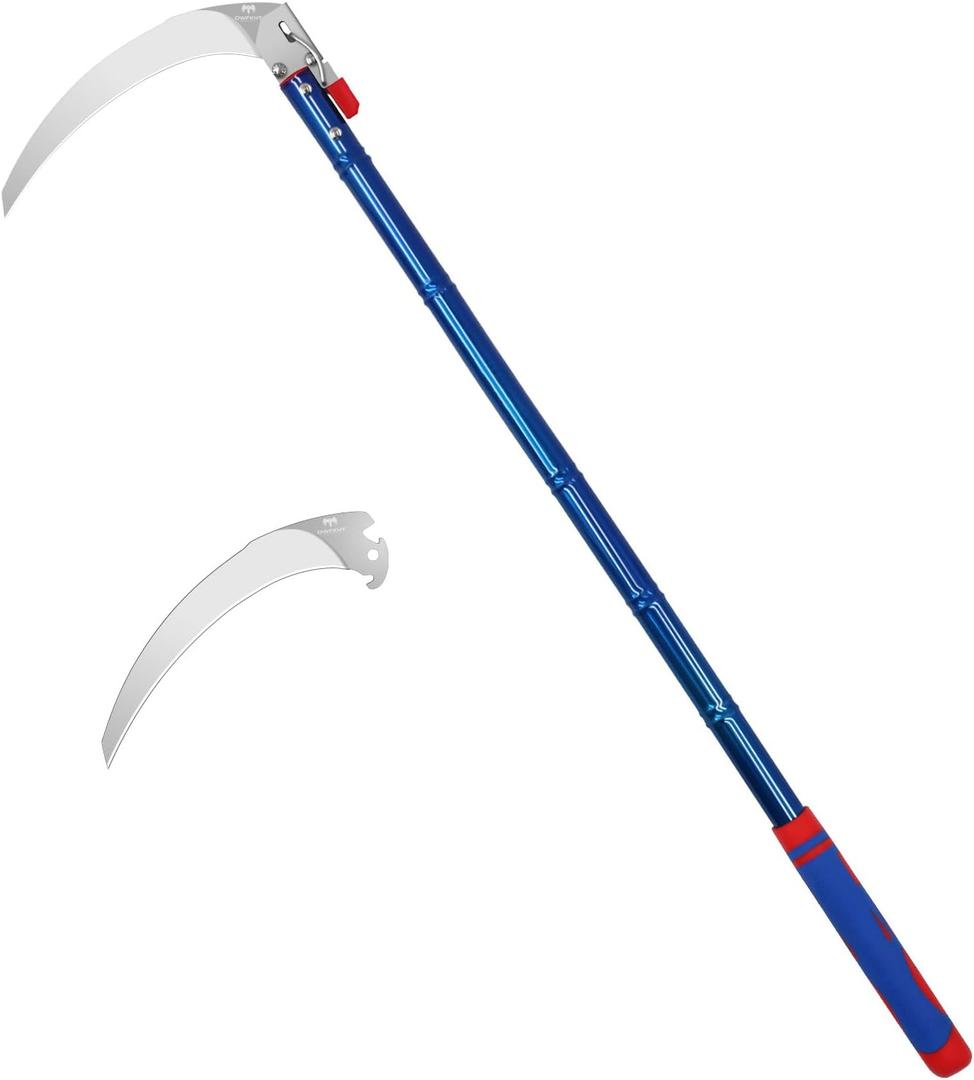 Detachable Grass Sickle, Folding Harvest Scythe Tool with Carbon Steel Blade and Anti-Slip Rubber Handle, Includes 1 Spare Blade, Lightweight Sickle Garden Tool Long Handle for Garden and Yard