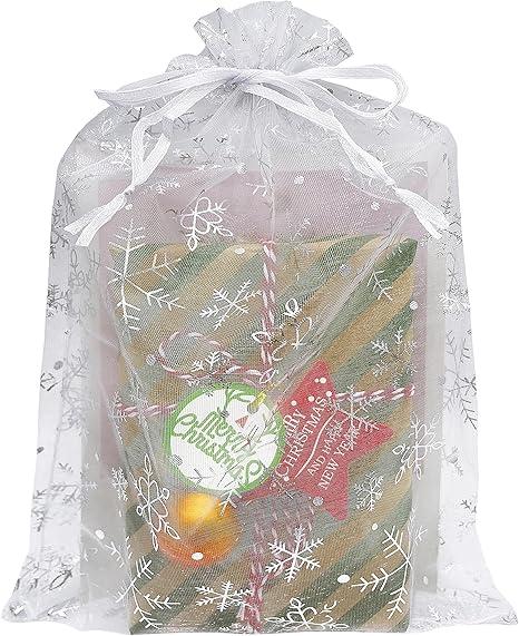 Jexila 50 Pack Christmas Organza Bags 8X12 inch Snowflake Large Christmas Mesh Drawstring Gift Bag for Packing Party Favor Goodie Candy Treat Bags