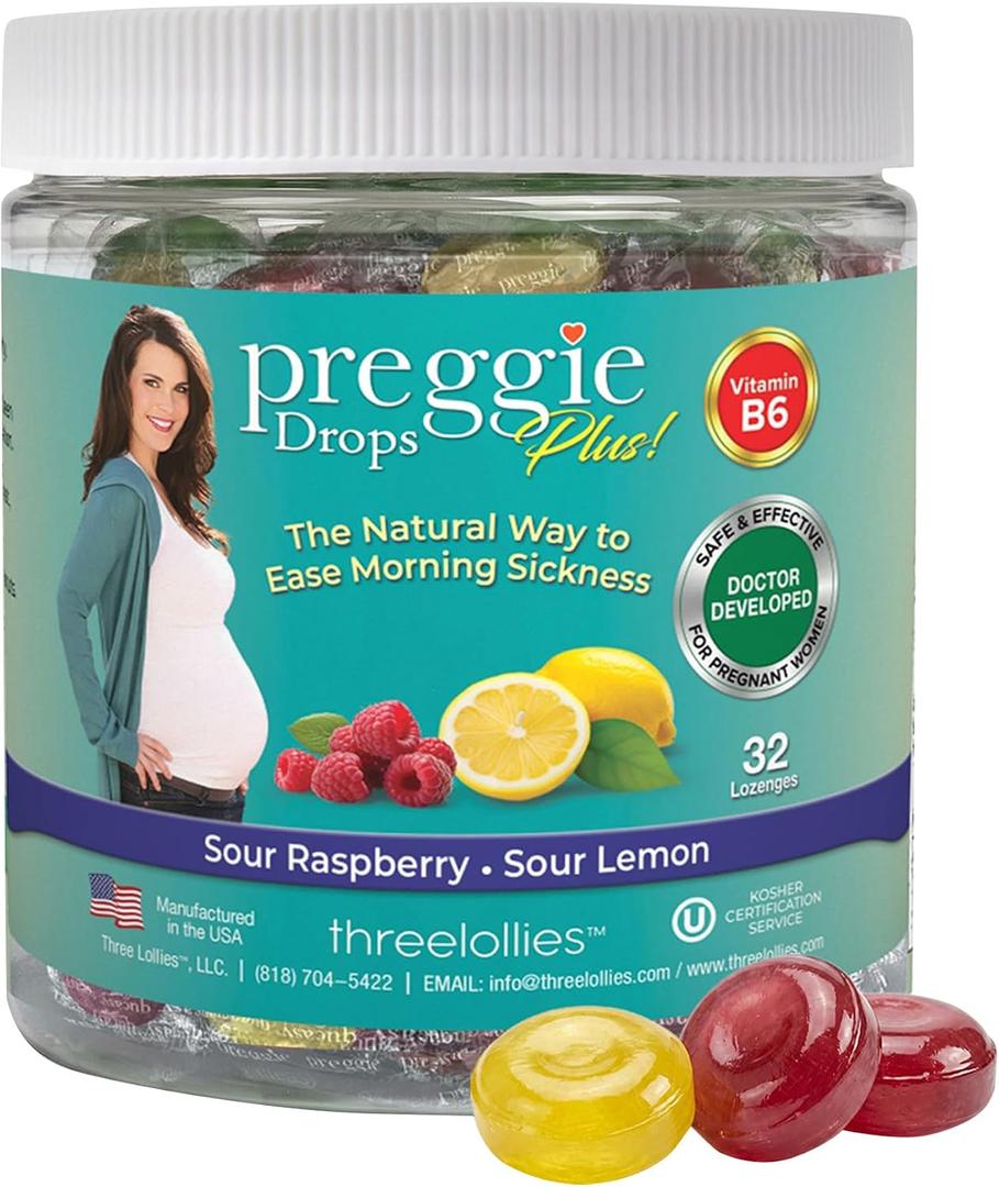 Three Lollies Preggie Pop Drops Plus Pregnancy Candy, Sour Mix, 32 Count | Pregnancy support candy with vitamin B6 and essential oils; sour raspberry and lemon flavors, 32 count. (EXP 08/31/28)