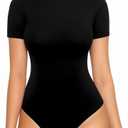 MANGOPOP Womens Short Sleeve Bodysuit Crew Neck Double Lined T-shirt Tops Second Skin Bodysuit Collection (Medium, A-black)