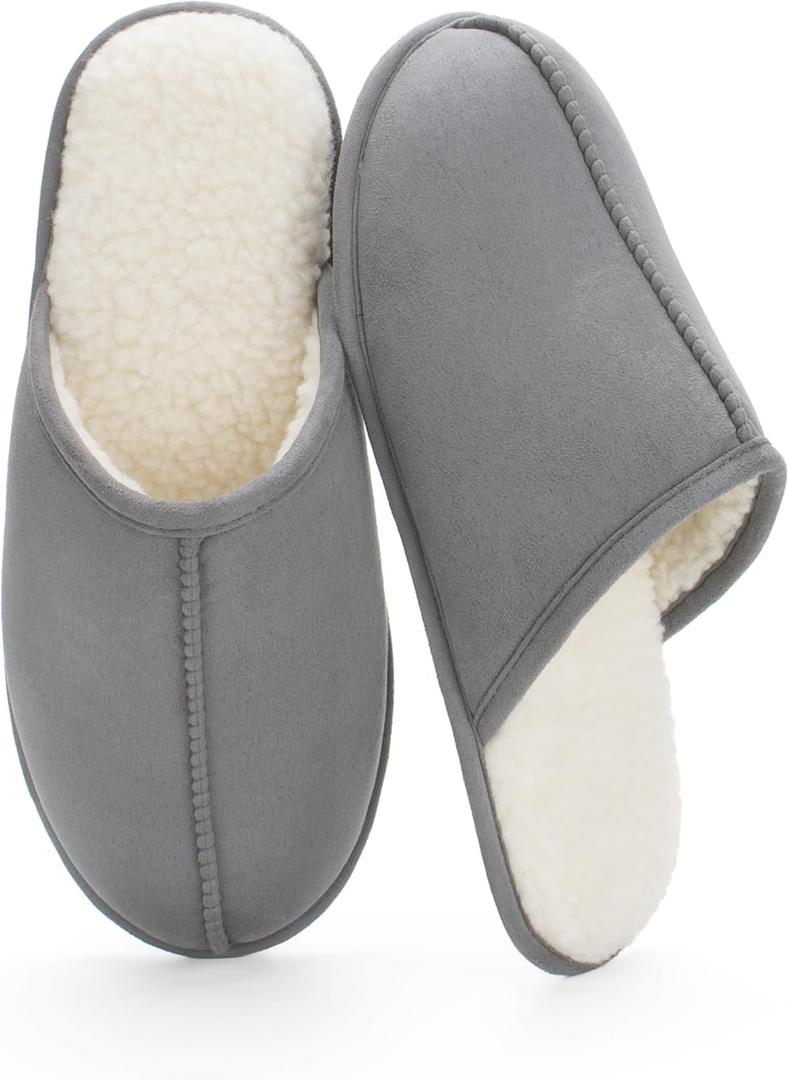 Men's Scuff Slippers with Memory Foam, Faux Suede Open Back House Slip-ons, Non-slip Indoor/Outdoor Soles, Unique Gifts, Sizes 8-15 (12-13, Grey)