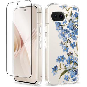 GVIEWIN for Google Pixel 9a Case, [Screen Protector] [Military Grade Protection] Clear Floral Slim Shockproof Protective Women Phone Case Cover for Pixel 9a (Aconite/Blue)
