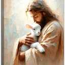 Jesus and Lamb Canvas Wall Art Jesus Saves the lost lamb Wall Decor Pictures Christian Lamb of God Painting Posters Prints for Dining Living Room Kitchen Wall Bedroom Decoration 16x24