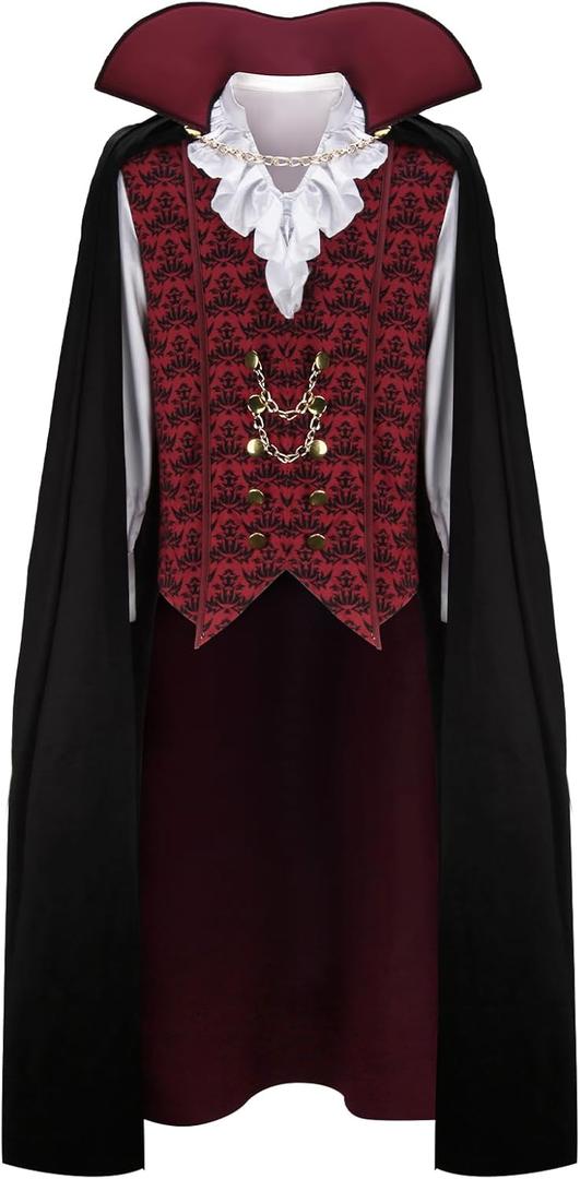 HLENOK Adult Men Devil Vampire Costume Shirt Cloak Outfit Medieval Renaissance Victorian Gothic Halloween Cosplay Long Cape (Medium)