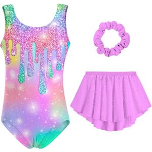 Idgreatim Girls Gymnastic Leotard Ballet Dance Dress Outfit with Removable Skirt Hair Scrunchie Combo 4-11 Years (6-7 Years, Green Pink)