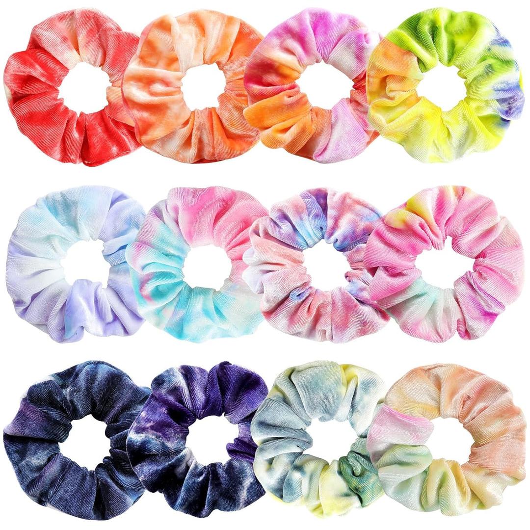 Velvet Hair Scrunchies for Girls and Women, Premium Elastic Tie-Dye Scrunchies and Ponytail Holders - 12 Colors