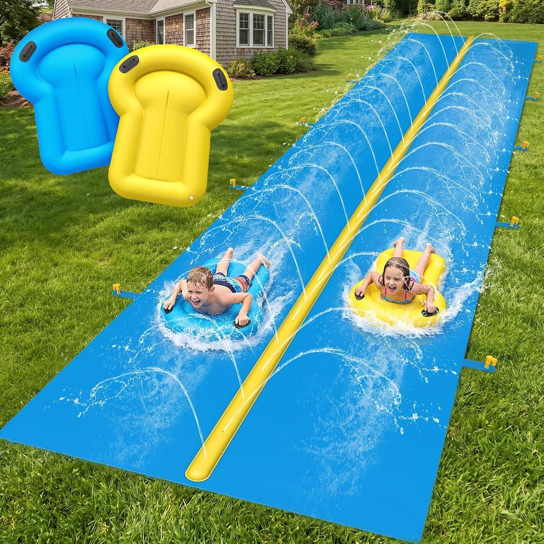 Evoio 39.4FT Water Slides for Kids Backyard, Extra Long Heavy Duty Lawn Waterslide with Built-in Dual Lane Sprinkler and 2 Inflatable Bodyboards, Summer Outdoor Water Toy for Kids and Adults
