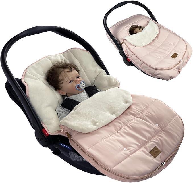 funlife 4 in 1 Premium Waterproof Universal Anti-Wind Infant Car Seat Cover Comes with Ultra Soft Fleece Car Seat Bunting Bag for Winter,Car Seat Cover Bunting Set for 0-12M Light Pink