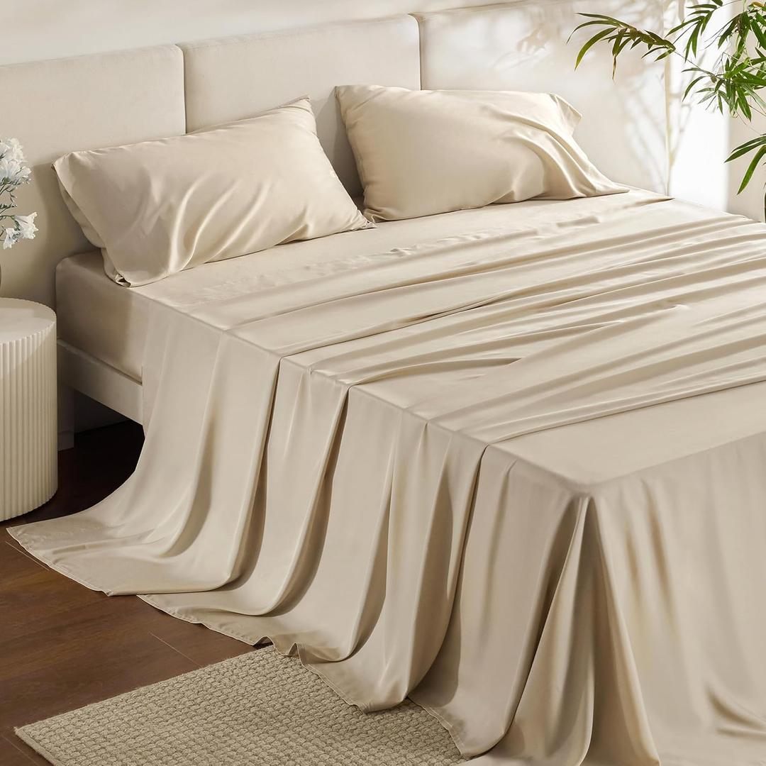 Bedsure Queen Sheet Set, Rayon Derived from Bamboo, Cooling Sheets, Deep Pocket Up to 16", PureWoven, Breathable & Soft, Hotel Luxury Silky Bedding for Hot Sleepers, Beige