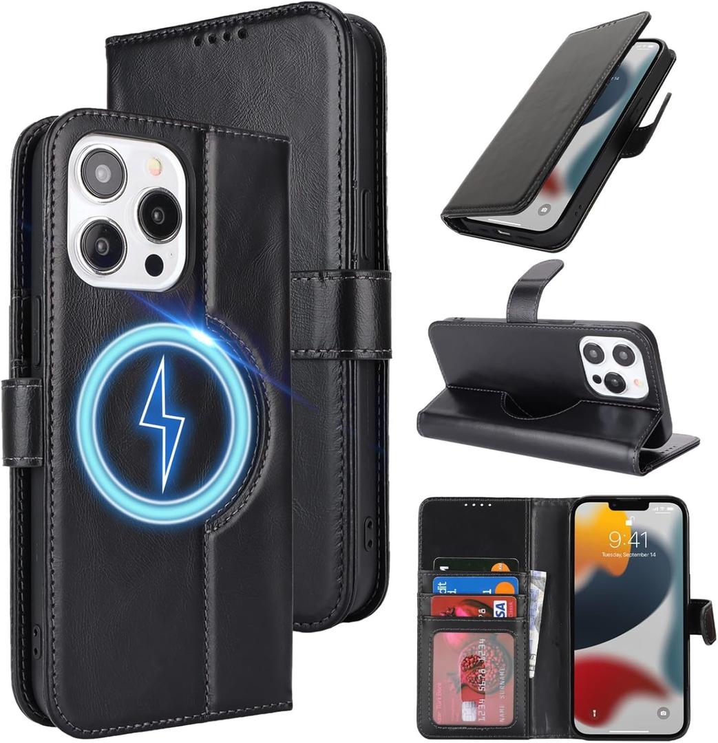 Zouzt for iPhone 13 Pro 6.1" Genuine Leather Wallet Case with Card Holder, for MagSafe Magnetic Wireless Charging, Flip Folio Book Kickstand Shockproof Cover Women Men for iPhone 13 Pro - Black
