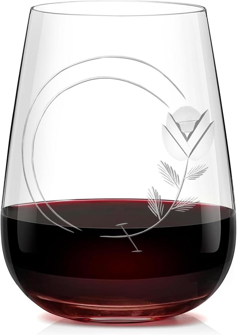 Hand-Blown Crystal Stemless Glasses with Personalized Initial Engravings - 16 Oz Lead-Free Monogram Red Wine Tumblers - Perfect for Wine Connoisseurs and Letter 'Q' Enthusiasts