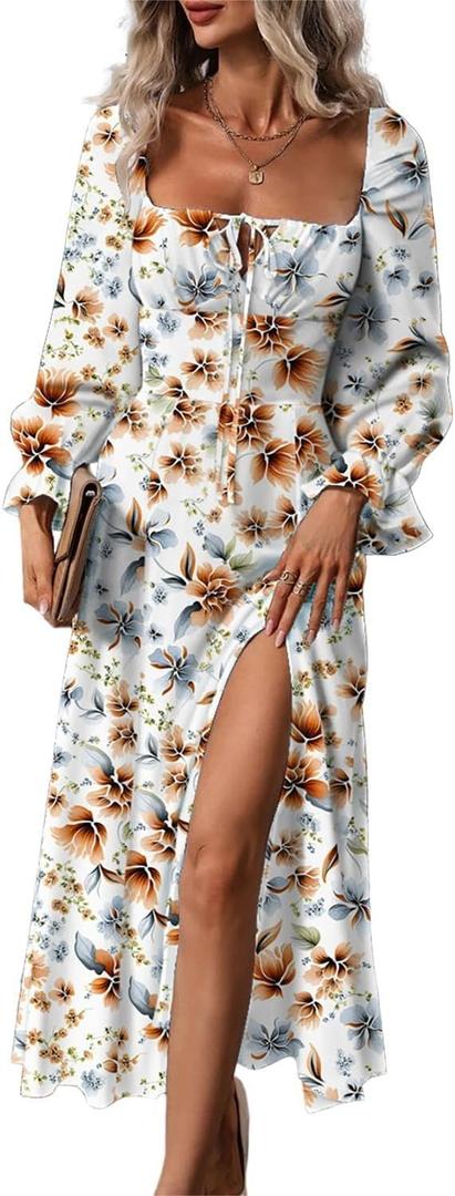 BLENCOT Womens Casual Square Neck Long Sleeve Boho Floral Midi Dress Print Side Split Dresses (X-Large)