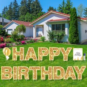 Elcoho 15 Pack Gold Happy Birthday Yard Signs with Stakes Lawn Sign Balloons Yard Sign Set Balloon Happy Birthday Lawn Decorations Lawn Sign Party Decorations