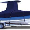 900D Marine Grade Fade and Tear Resistant Trailerable T-Top Boat Cover, Heavy-Duty Waterproof and UV-Proof T TOP Boat Storage Cover with Windproof Metal Buckle Straps Fit 18ft-20ft Long(Navy)