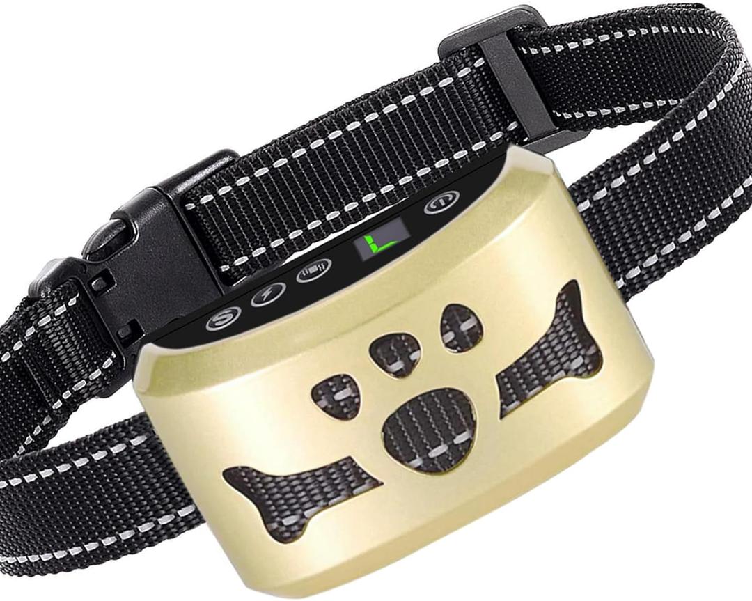 Dog Bark Collar, Anti Bark Collars for Large Medium Small Dogs with 7 Level Sensitivity Adjustable and 4 Stop Barking Modes, Rechargeable Bark Collar No Shock for Dogs with Beep Vibration Shock (Gold)