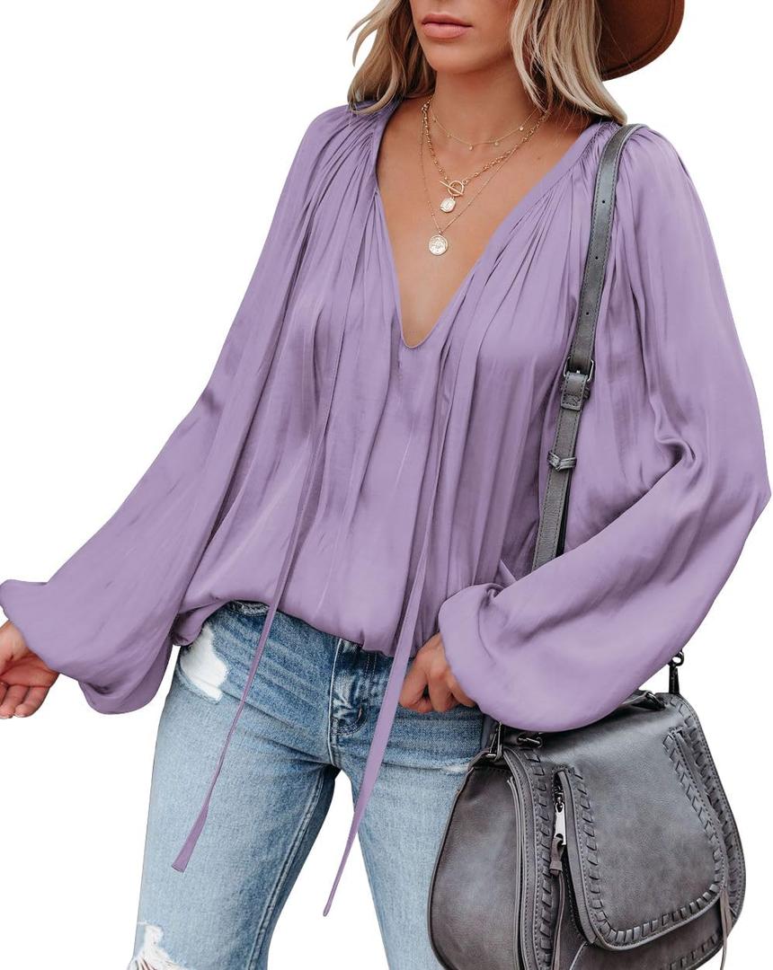 LAMISSCHE Womens Sexy Deep V Neck Blouse Bell Long Sleeve Satin Flowy Tops (M)