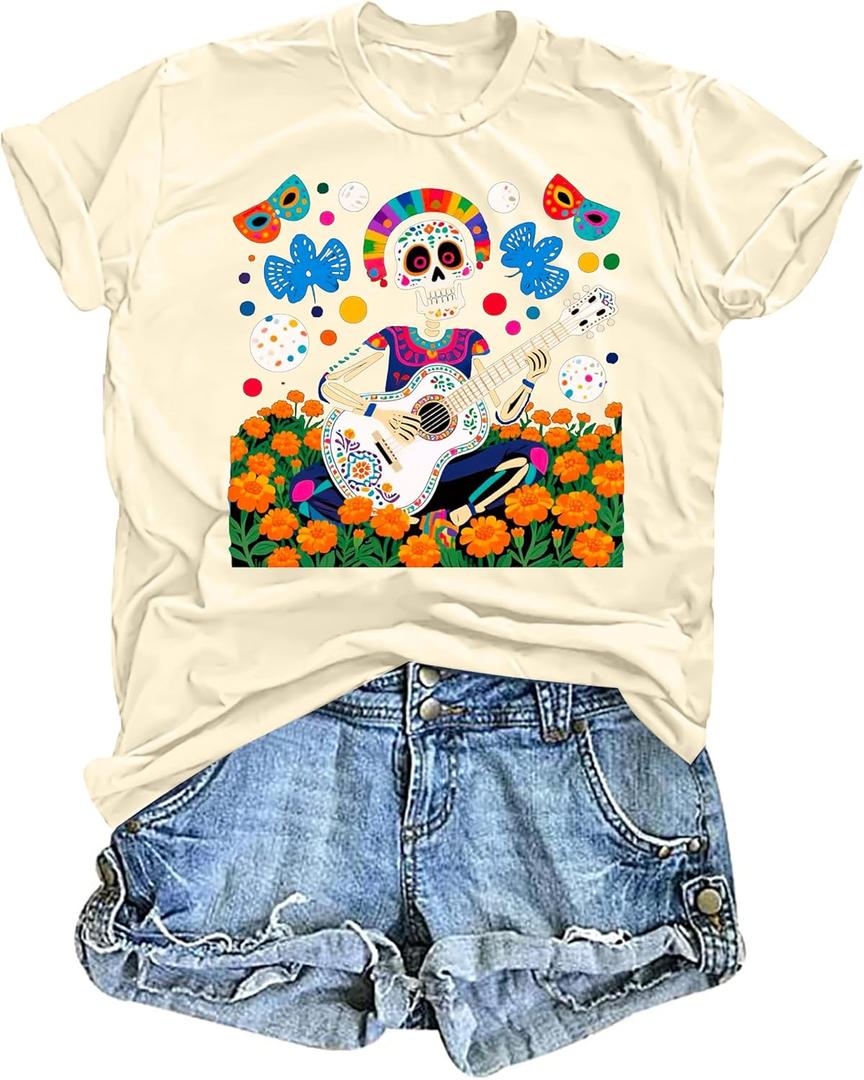 Mexican T-Shirt for Women Dia De Los Muertos Skeletons Sugar Skull Shirt Funny Tee Tops, Size: Large