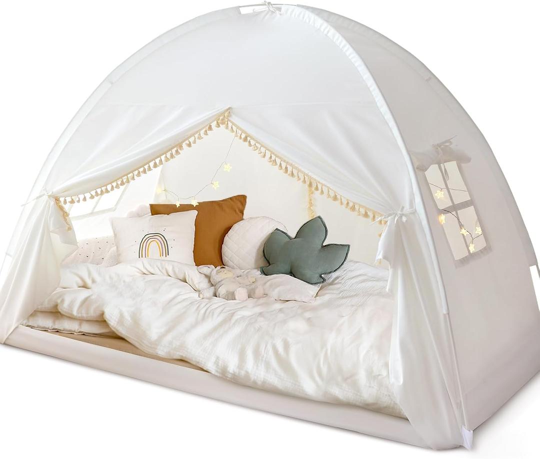 Razee Twin Bed Tent for Kids, Twin Size Toddler Canopy Indoor Princess Playhouse Privacy Tents on Bunk Bed Sleep for Girls Boys, Kid Toys for Birthday Gift, Bohemian Tassel, White
