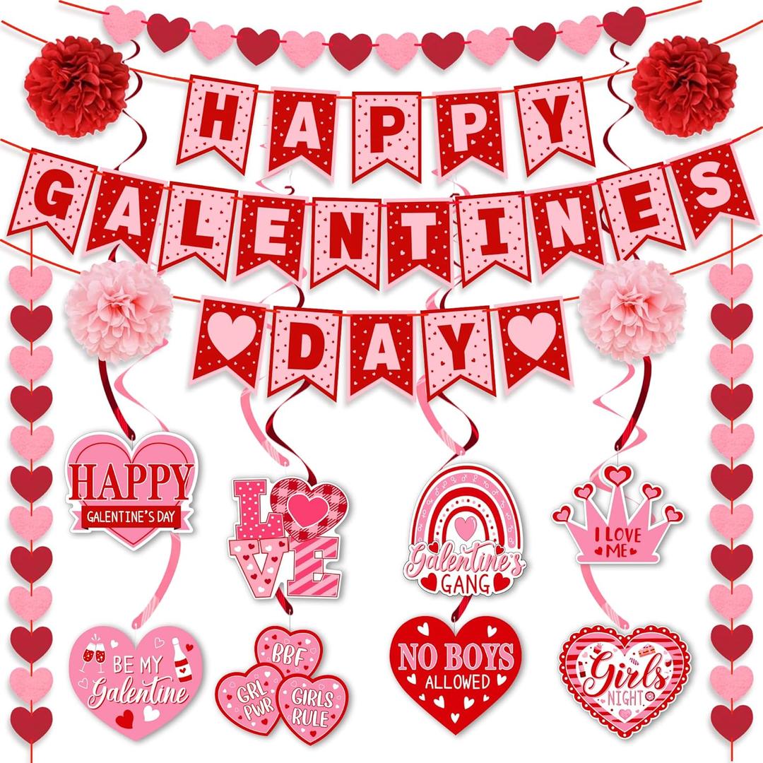 Galentines Day Decorations Set - NO DIY - Happy Galentines Day Banner & Valentines Day Felt Heart Garland & Hanging Swirls Galentines Decorations for Girls Ladies Night Party Supplies Photo Prop