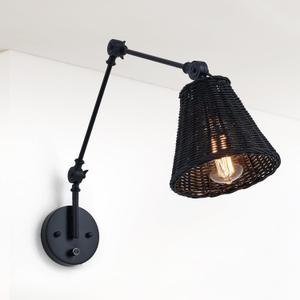 Rattan Wall Sconce, Boho Dimmable On Off Switch Wall Light Fixtures with Hand Woven Wicker Lamp Shade, Black Adjustable Swing Arm Wall Mount Lighting Fixture for Bedroom Bedside Living Room Bathroom (Gold)