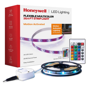 Honeywell 16.4ft Indoor LED Strip Light - Color Changing RGB, Motion Activated with Remote Control - for Bedroom, Kitchen, Dorm, Game Room, Cabinets, Etc - Wall Plug 12 Volt No Battery