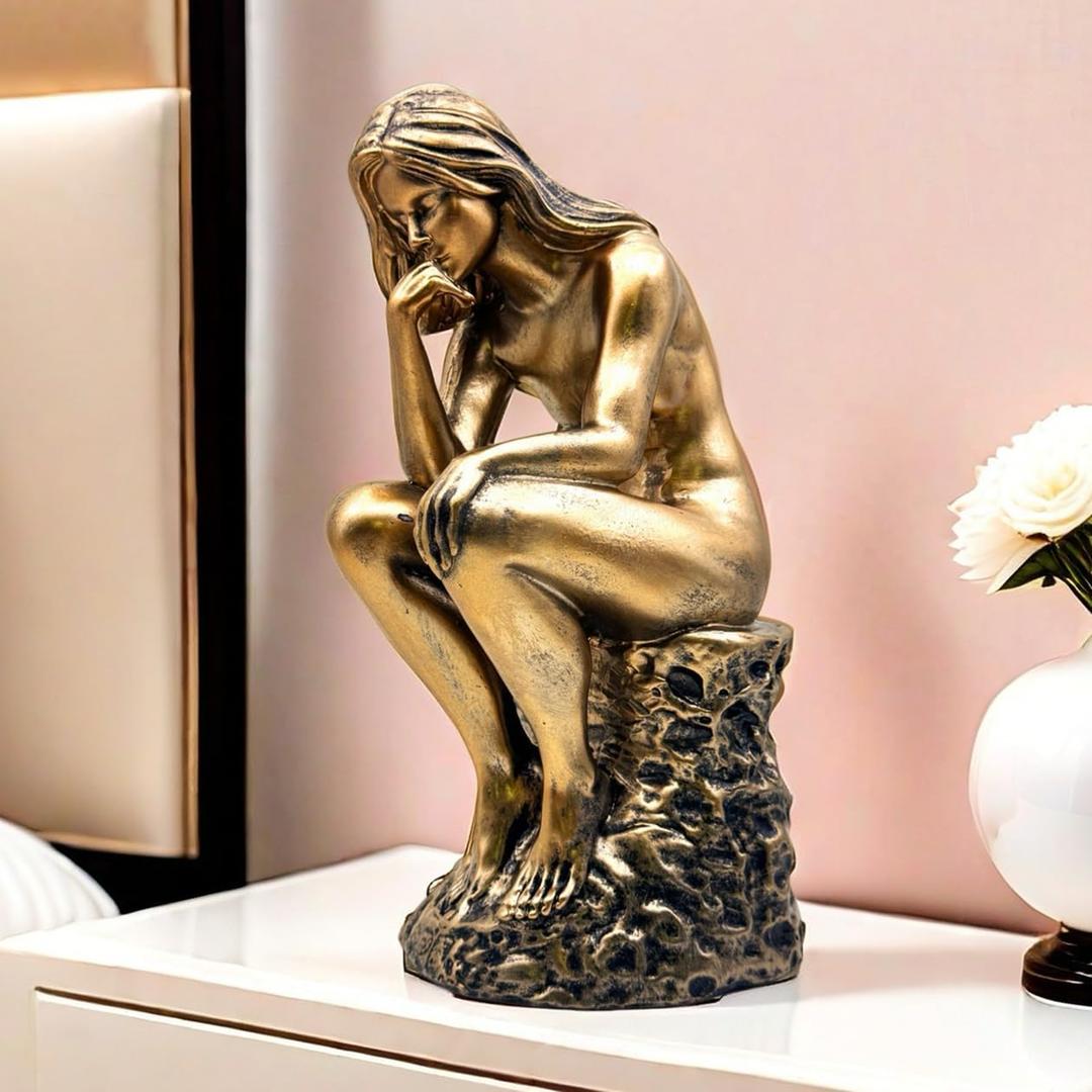 FUNSXBUG Resin The Thinker Woman Statue Figurines Thinking Girl Sculptures Collectible Figurine Home Office Decor Living Room Decoration Bronze