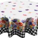 Colorful Floral Tablecloth - Spring Summer Flowers Round Table Cover 60 Inch for Kitchen Holiday Picnic Party Dinner Room Outdoor Decor Buffalo Plaid Wildflower Multicolor