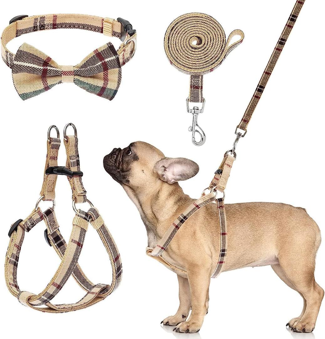 Dog Harness with Leash and Bow Tie Collar Set - Beige Plaid Puppy Harness, Escape Proof Adjustable No Pull Dog Vest for Outdoor Walking, Fit for Small Medium Large Dogs XS (XS(Chest Girth:12''-14.9''))