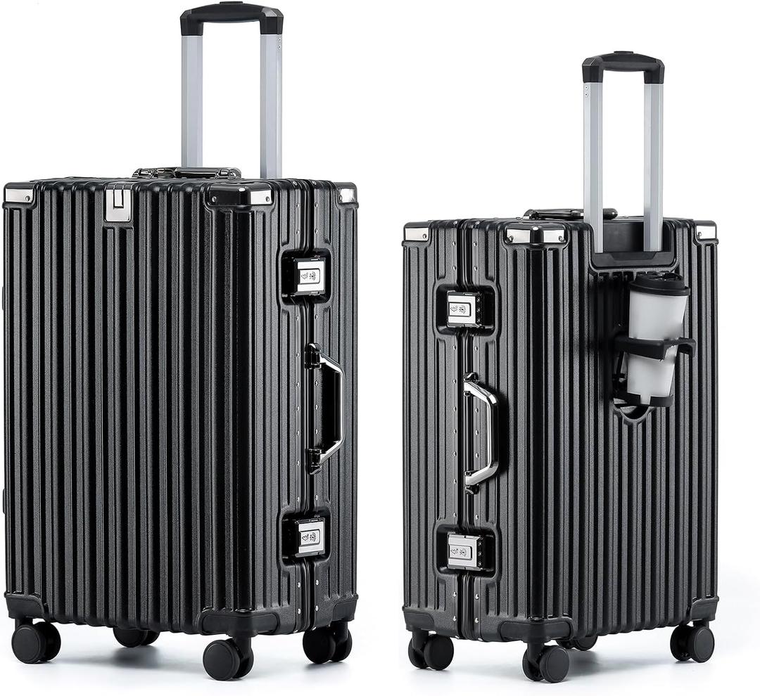 HotWay 20 Inch Aluminum Frame Carry On Luggage with Spinner Wheels, PC Hard Shell Suitcase with Cup Holder, Zipperless Luggage for Business Travel, Black (Missing wheel needs replaced key missing)