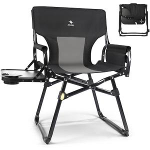 Camping Director's Chair with Side Table, 400 lb Capacity Black/Gray | Ergonomic Comfort with Oversized Side Table & Smart Storage