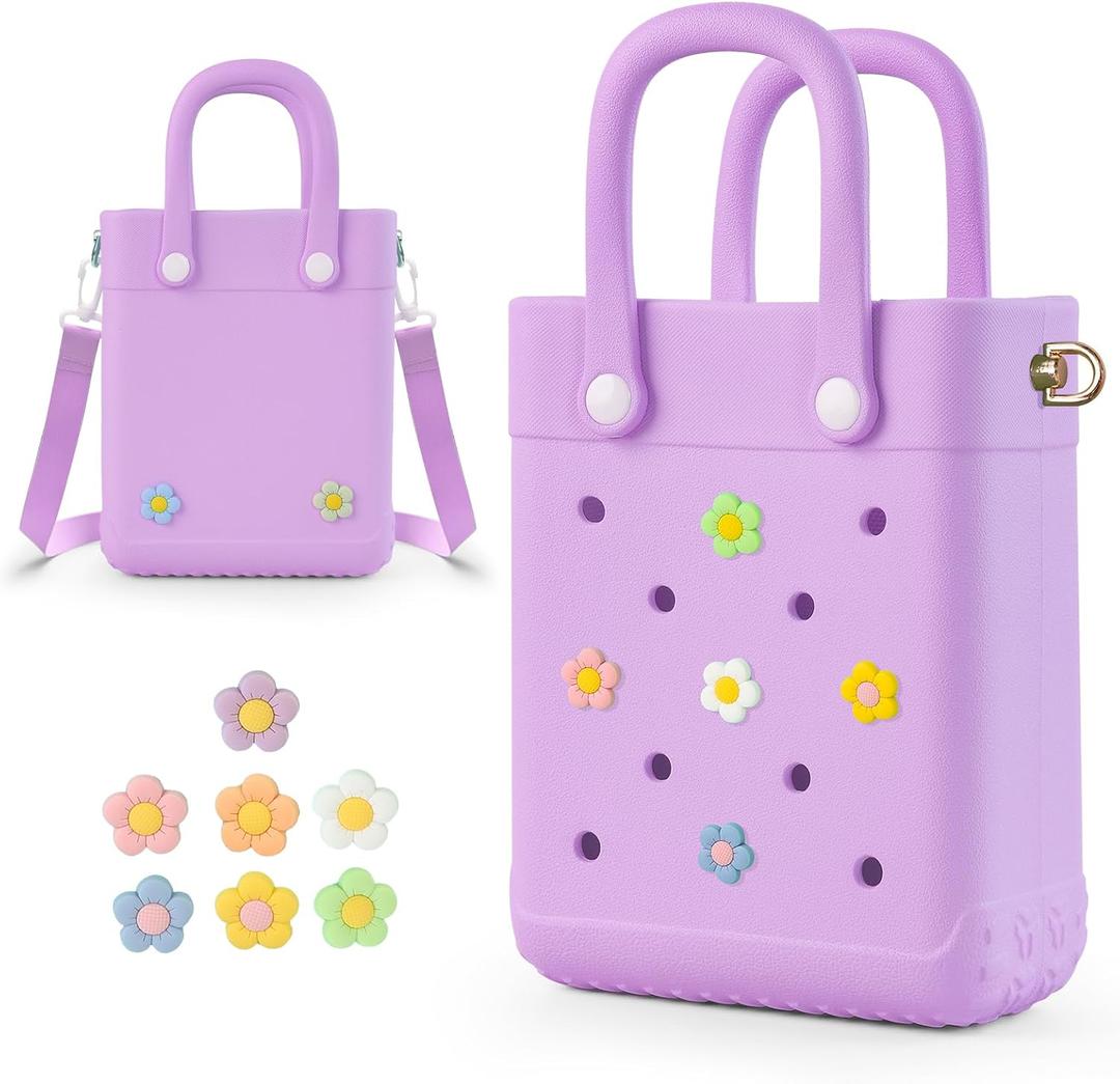 Mini Rubber Tote Bag for Little Girl & Woman, X-Small EVA Waterproof Beach Bag with Cute Charms & Adjustable Strap | with 7 Charms