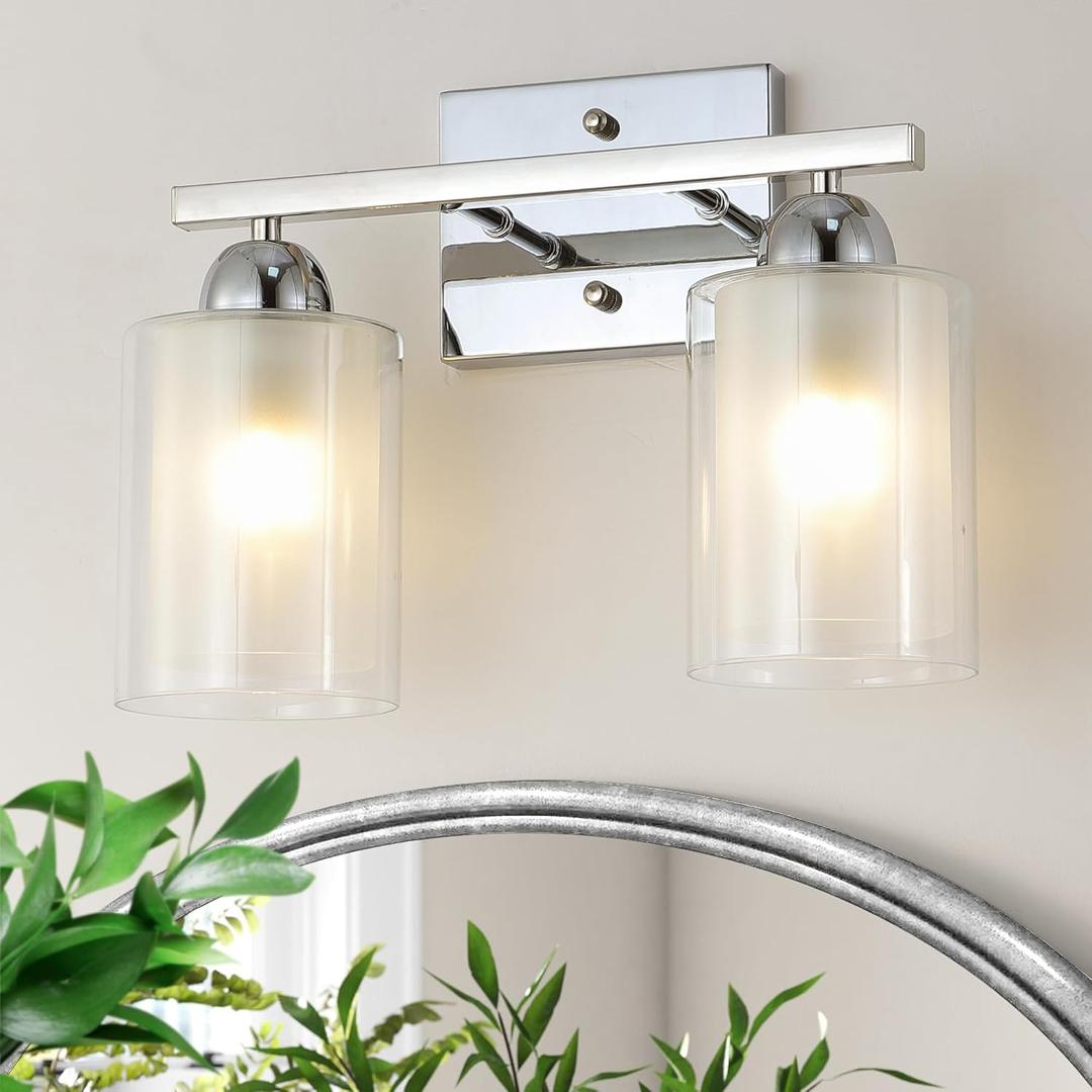 Stainless Steel Bathroom Vanity Light Over Mirror, 2 Light Polished Chrome Bathroom Light Fixtures with Milk Glass and Clear Glass Shades, Modern Vanity Lighting Wall Mount