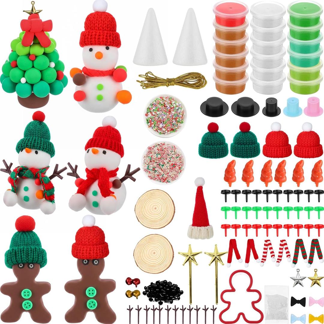 Soulchen 90 Pcs Christmas DIY Craft Clay Kit Christmas Dough Set Creative Snowman Xmas Tree Gingerbread Man Air Dry Modeling Clay Crafts for Indoor Decorations Holiday Party Favor Supplies