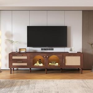 CFTEL Rattan TV Stand with 3 Cabinets & 2 Drawers, LED Media Console Table for TVs up to 80'', TV Cabinet for Living Room, Entertainment Center，Bedroom, Home Theatre