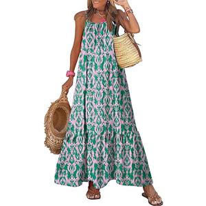 Dokotoo Women Summer Dresses 2025 Spaghetti Strap Scoop Neck Smocked Ruffle Flowy Boho Maxi Dress, Green