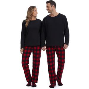 Couple Matching Pajamas Sets with Socks Holiday Fleece Pajamas Jammies Sets for Family Party (Small, Black Red)