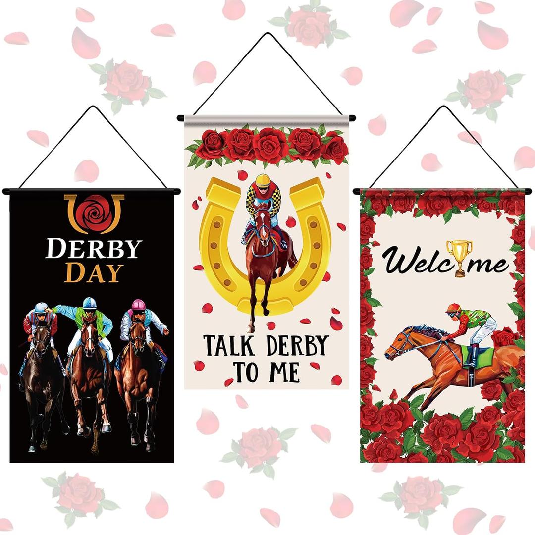 Tegeme 3 Pcs Derby Day Door Banner Derby Day Hanging Flag Decor Roses Horse Racing Festival Door Hanger Sign for Holiday Party Outdoor Indoor Home
