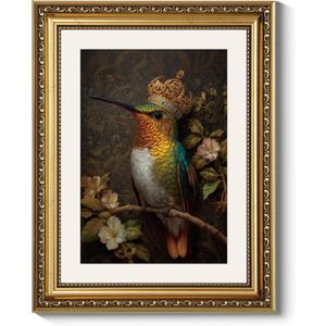 ARPEOTCY Royal Hummingbird Wall Art, Framed Jewel‑Tone Bird Painting Print, Ornate Gold Frame, 11×14 Inch Elegant Nature Décor for Living Room, Bedroom or Entryway