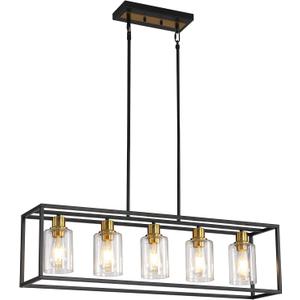 5-Light Kitchen Island Lighting, Farmhouse Pendant Island Light Fixture with Glass Shades, Black and Gold Chandelier for Dining Room, Restaurant, Foyer 5-Light Kitchen Island Lighting, Farmhouse Pendant Island Light Fixture with Glass Shades, Black and Gold Chandelier for Dining Room, Restaurant, Foyer