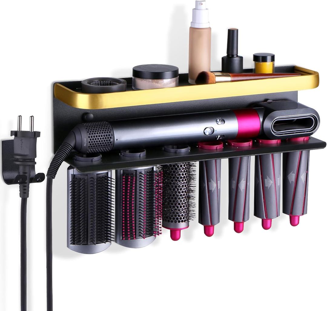 Wall Mount Holder for Dyson Airwrap Styler, White Storage Rack Organizer for Hair Curling Iron & Attachments Space-Saving Bathroom Bracket Stand, No-Drill Installation, Black-Gold