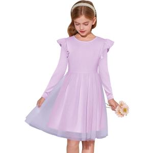 Haloumoning Girls Tutu Dress Ruffle Long Sleeve Fluffy Fall Winter Party Tulle Dress for Kids 5-14Y (Purple)