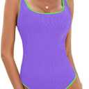BMJL Women's One Piece Swimsuit Sports Adjustable Strap Bathing Suit Color Block Ribbed High Cut Swimsuits Medium
