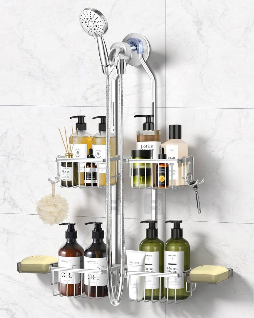 Adjustable Shower Caddy Hanging - Never Rust Shower Organizer Hanging, Aluminum Shower Racks for Inside Shower - Bathroom Organizers and Storage with 2 Soap Holders and 2 Removable Hooks, Silver