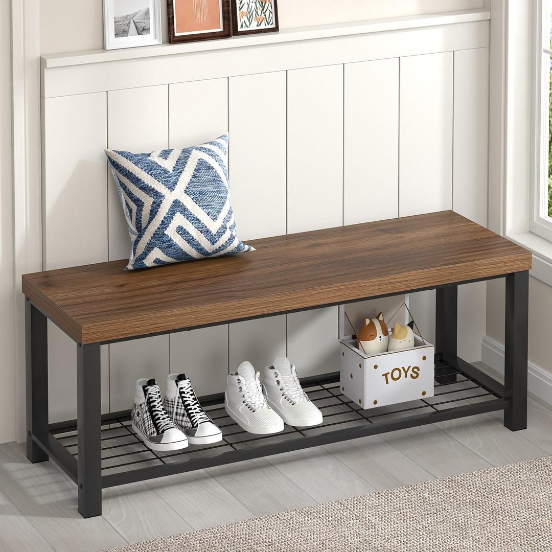 Shoe Bench, Modern Wood and Metal Storage Bench for Entryway Hallway, Industrial Indoor Bedroom Bench Seat for Living Room, Mudroom, Rustic Walnut, 47 Inch
