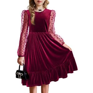 Arshiner Girls Dresses Contrast Mesh Velvet Long Sleeve A-Line Vintage Party Dress with Pockets (10-11 Years, Wine Red)