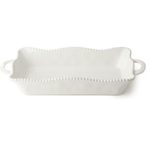 Perlette Cream Large Rectangular Ceramic Baker – 19 x 10 Inch Scalloped Oven-to-Table Stoneware Bakeware with Beaded Rim – Elegant Farmhouse Bake Dish for Lasagna, Casseroles, and Hosting