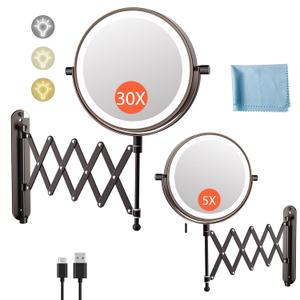 Rechargeable Wall Mounted Makeup Mirror - 8 Inch Double Sided 30X/5X Magnifying Mirror with 3 Color Lights Dimmable Touch Screen, 360Swivel 19.6 Inch Extendable Accordion Bathroom Mirror