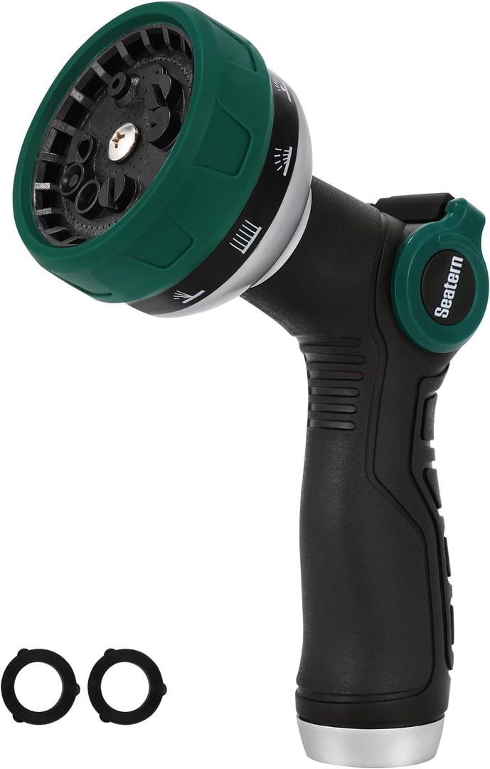 2 x Garden Hose Nozzle, Heavy Duty Hose Sprayer with Thumb Control, 10 Spray Patterns, Reinforced Metal Shell, Comfortable Grip for Lawn, Plants, Car & Pet Washing – Forest Green, 120.8 cubic inches