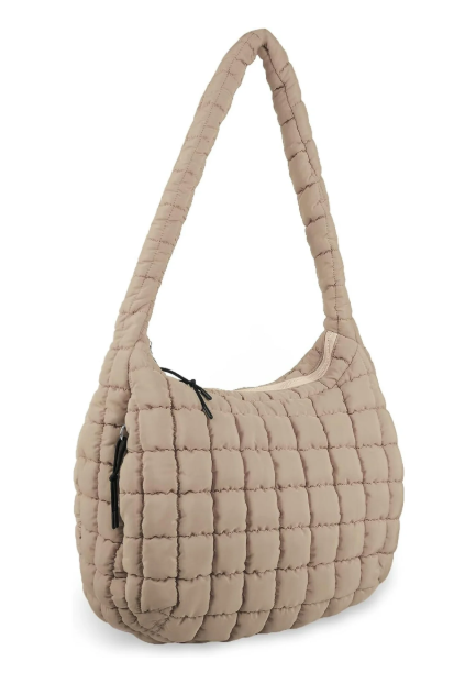Quilted Puffer Tote Bag Purse Puffy Crossbody Shoulder Bag,Lightweight Nylon Hobo Bag Puffer Carryall Bag for Women Girl Khaki