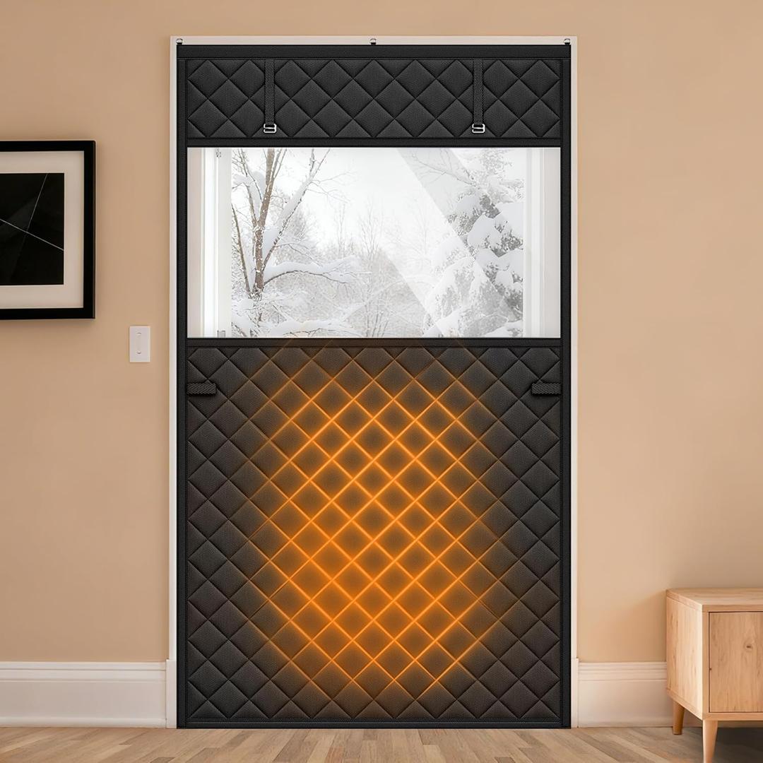 Thermal Insulated Door Curtain Fits 32" x 80" Doors, Curtain Size 35" x 82", Thermal Door Cover for Winter with Clear Window, Keep Cold Out & Save Energy, Drill-Free Easy Installation, Black